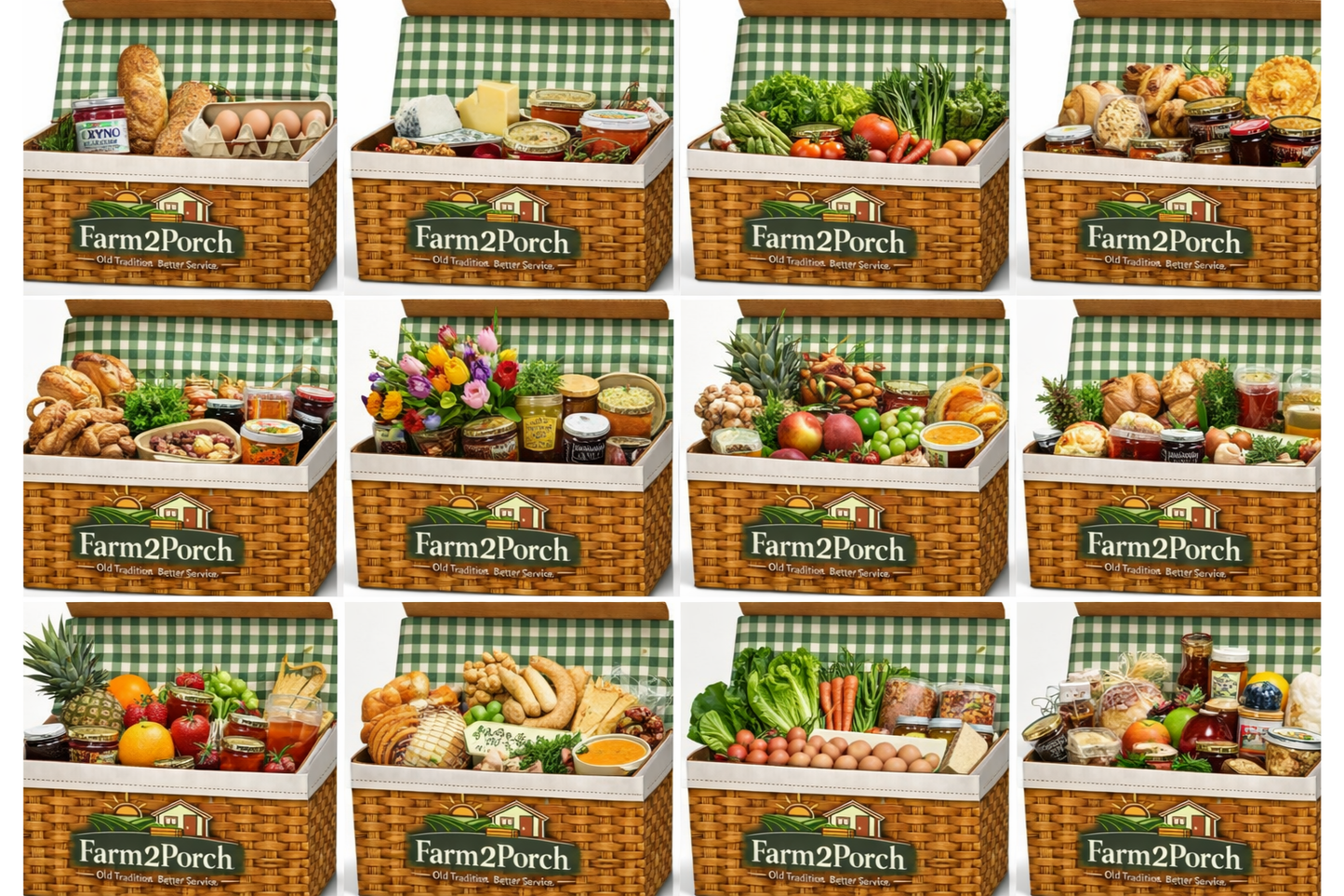Collection of Farm2Porch picnic baskets filled with various food items on a checkered background.