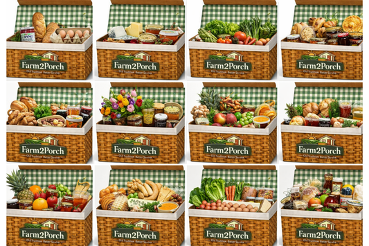 Collection of Farm2Porch picnic baskets filled with various food items on a checkered background.